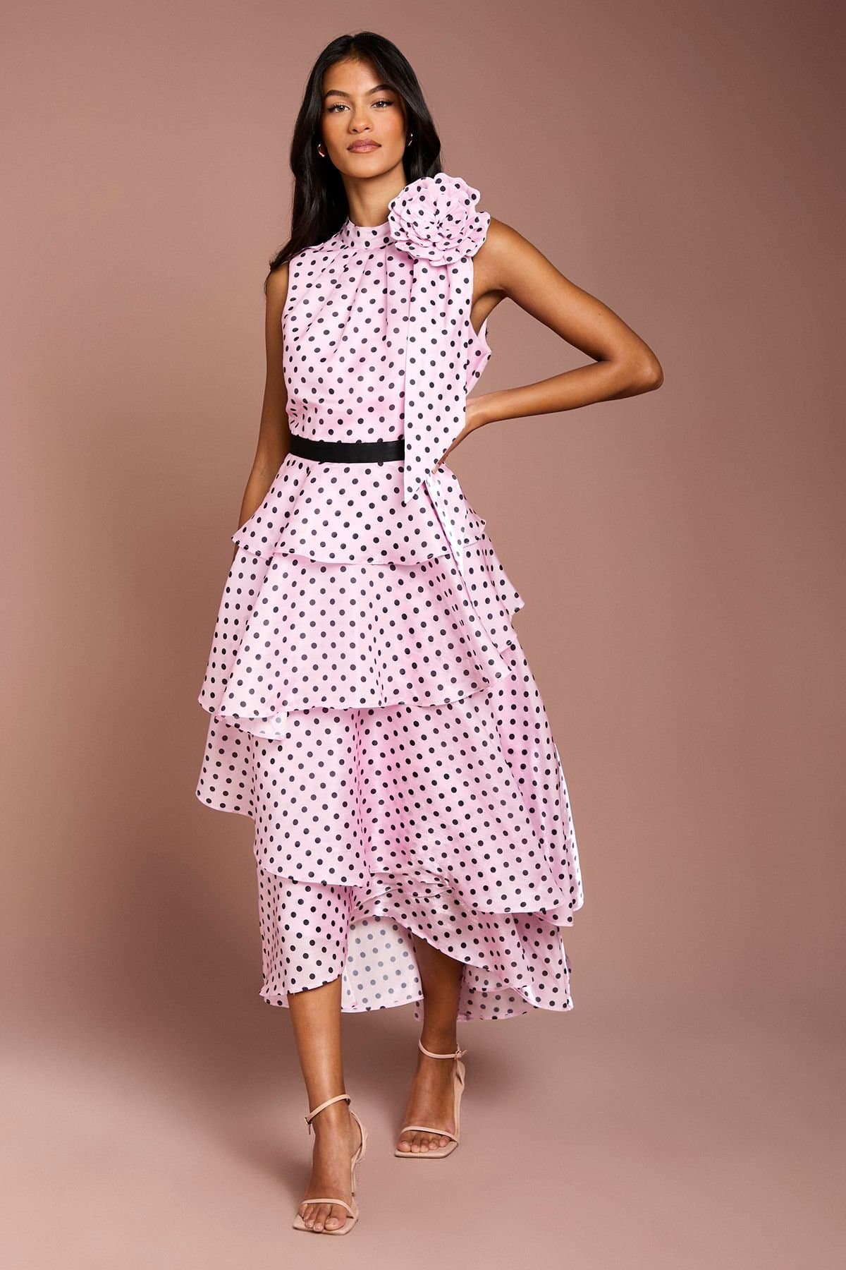 Coast Coast Women's Petite Polka Dot Tiered Organza Midi Dress in Pink