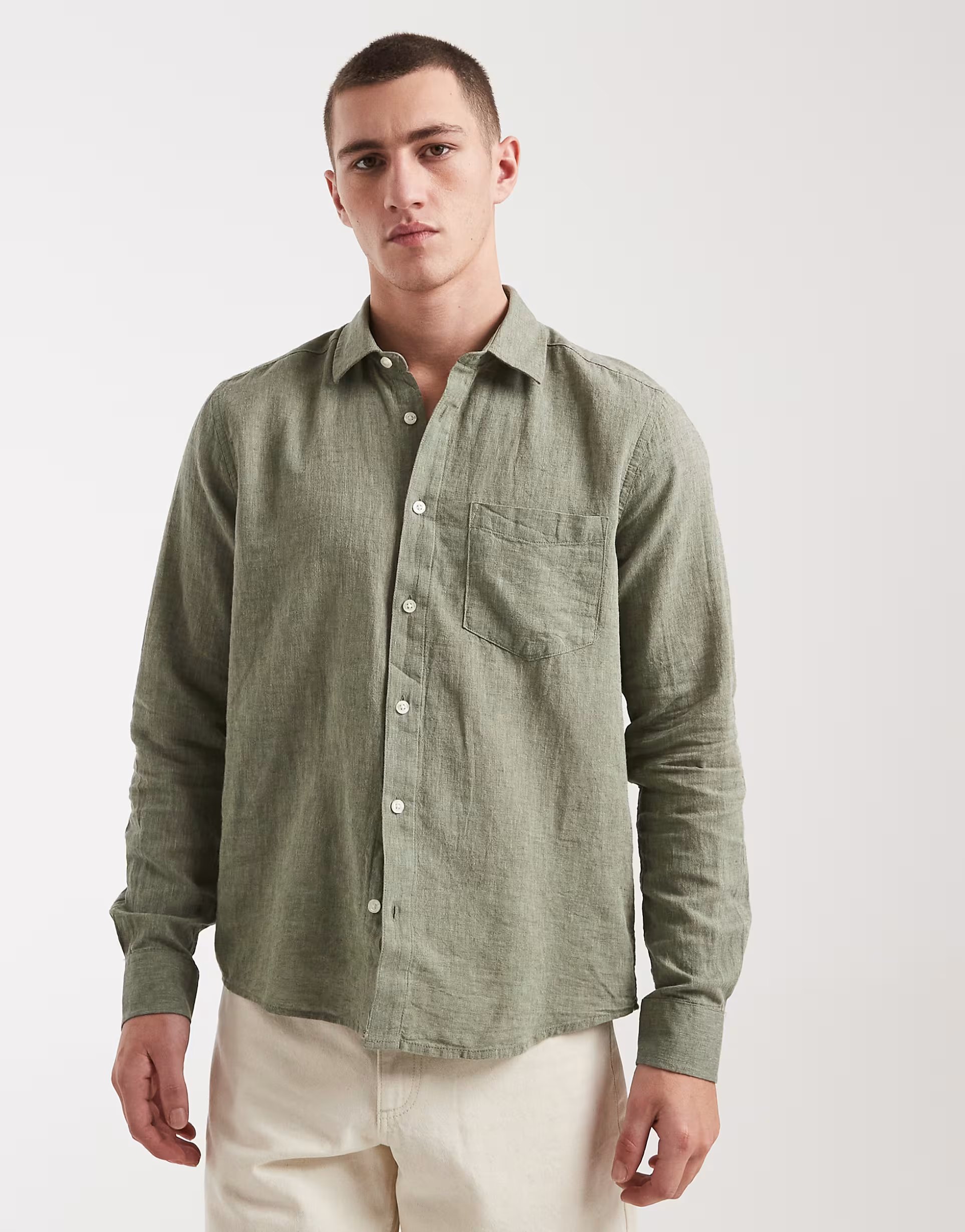 ASOS ONLY & SONS regular fit linen mix long sleeve shirt in sage - 1