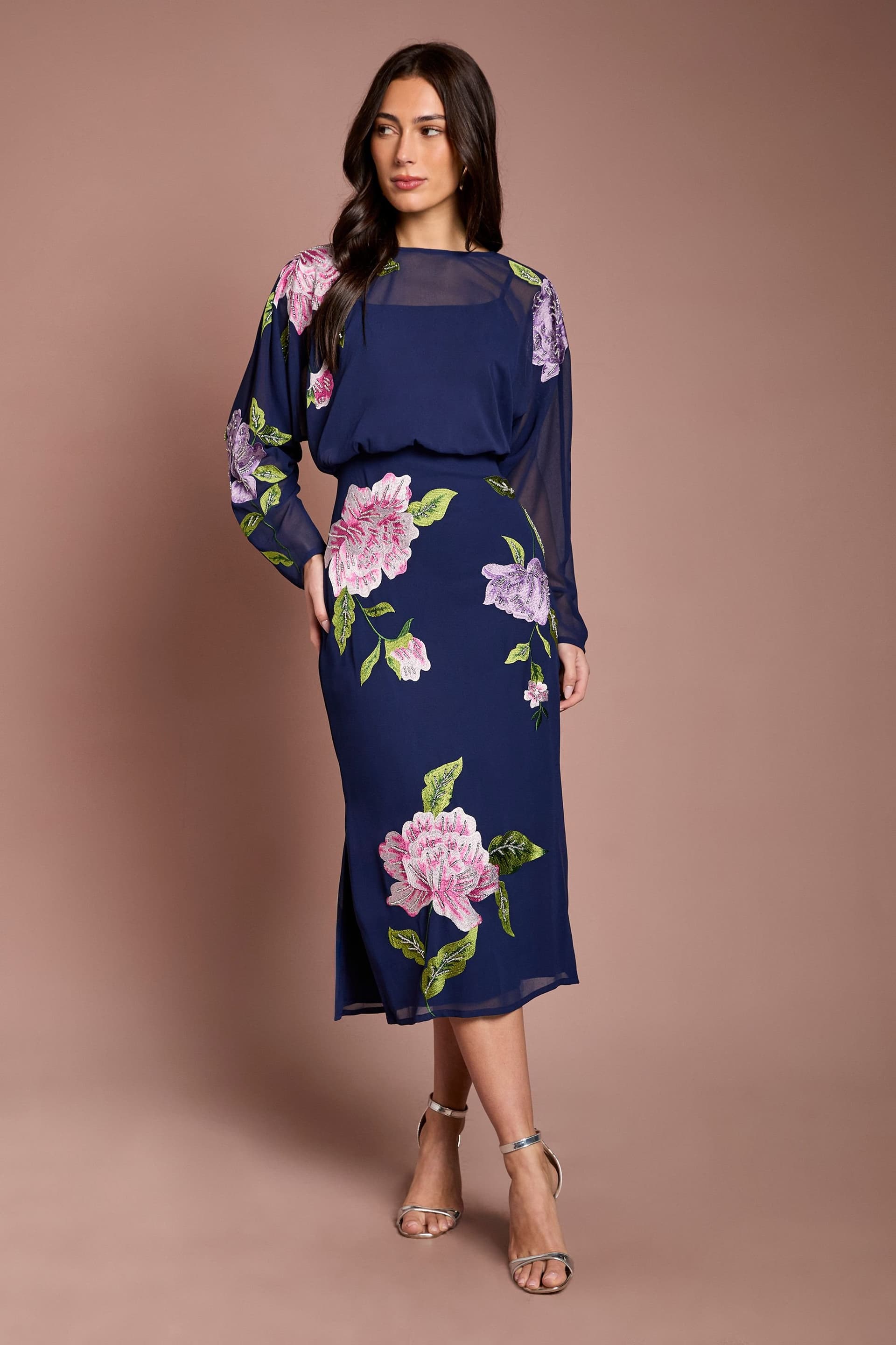 Coast Coast Women's Embroidered Floral Blouson Bodice Pencil Midi Dress in Navy