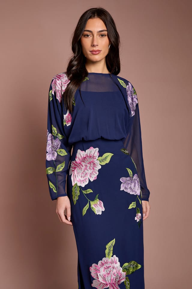 Coast Coast Women's Embroidered Floral Blouson Bodice Pencil Midi Dress in Navy - 2