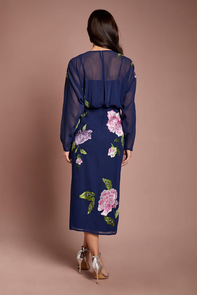 Coast Coast Women's Embroidered Floral Blouson Bodice Pencil Midi Dress in Navy - 3