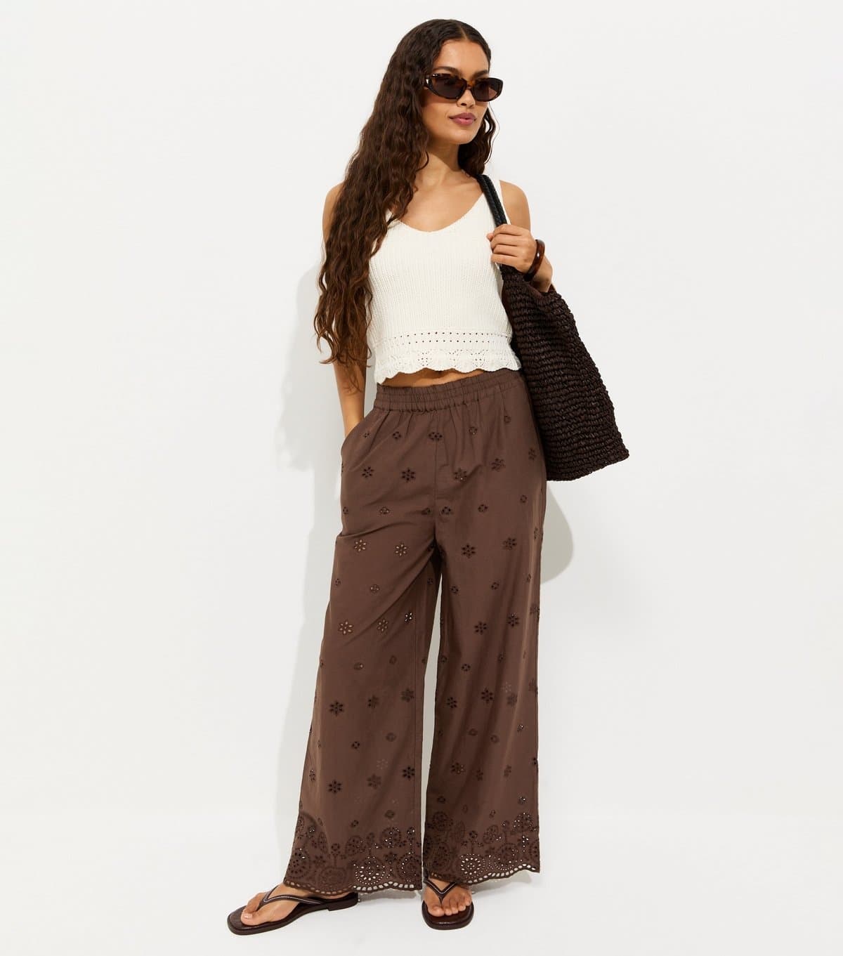 New Look Women's Petite Dark Brown Broderie Embroidered Wide Leg Trousers New Look