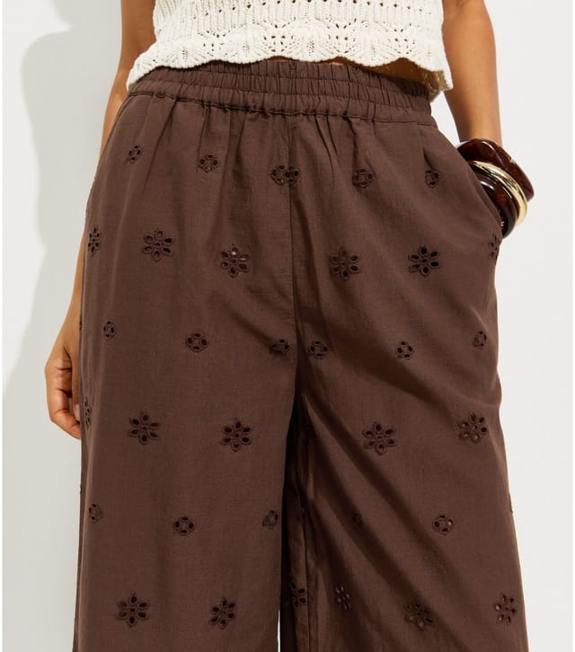 New Look Women's Petite Dark Brown Broderie Embroidered Wide Leg Trousers New Look - 2