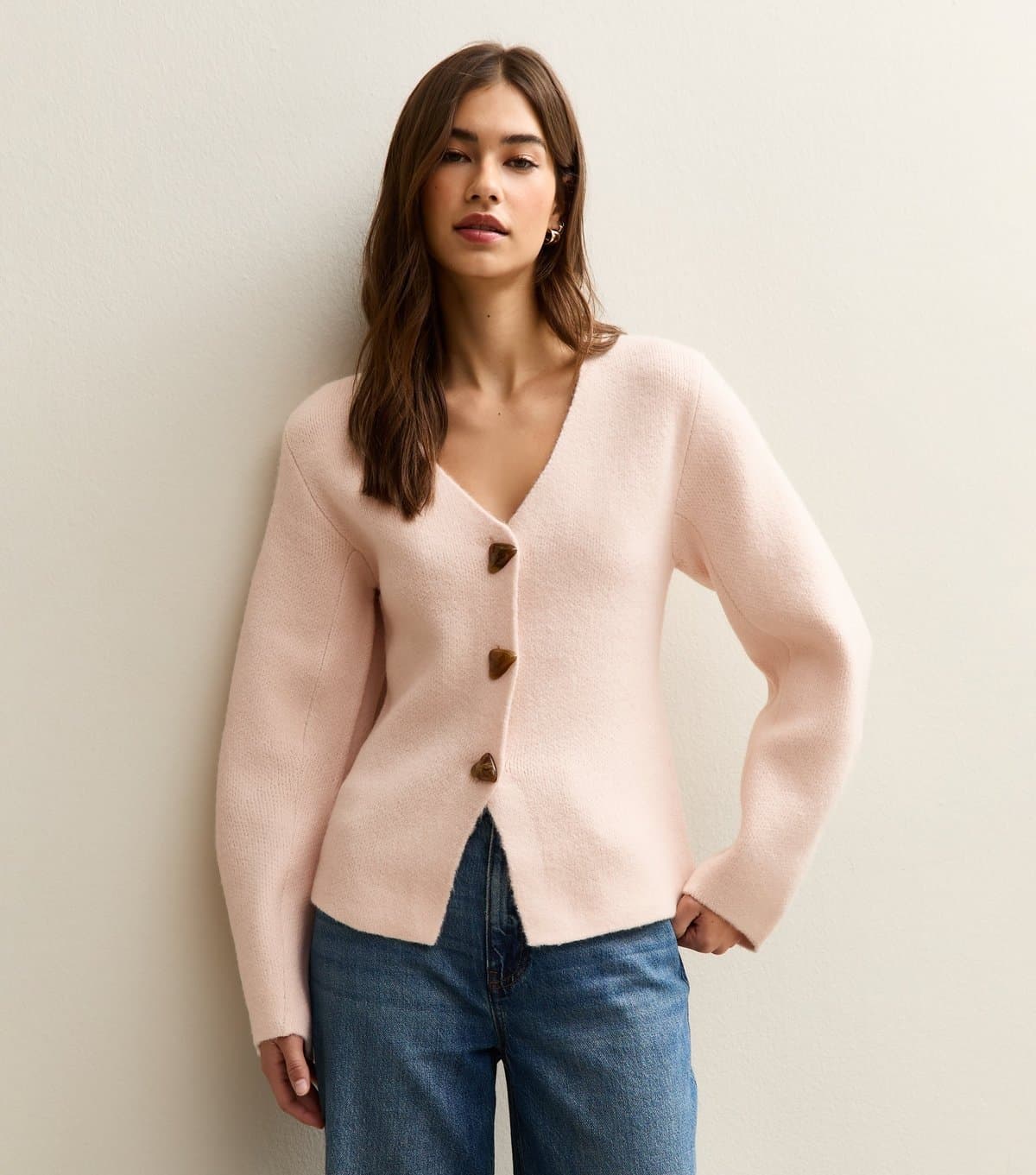New Look Women's Light Pink V- Neck Heavyweight Knit Cardigan New Look