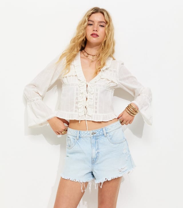 New Look Women's White Dobby Texture Ladder Tie Crop Blouse New Look - 2