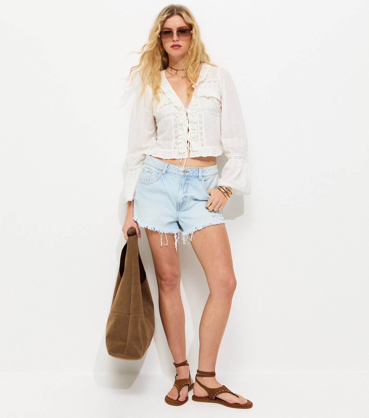 New Look Women's White Dobby Texture Ladder Tie Crop Blouse New Look - 3