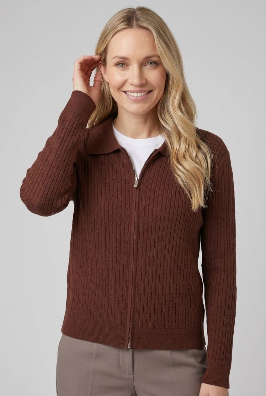 Izabel London Izabel London Women's Textured Collared Zip-Up Slim Cardigan in Brown