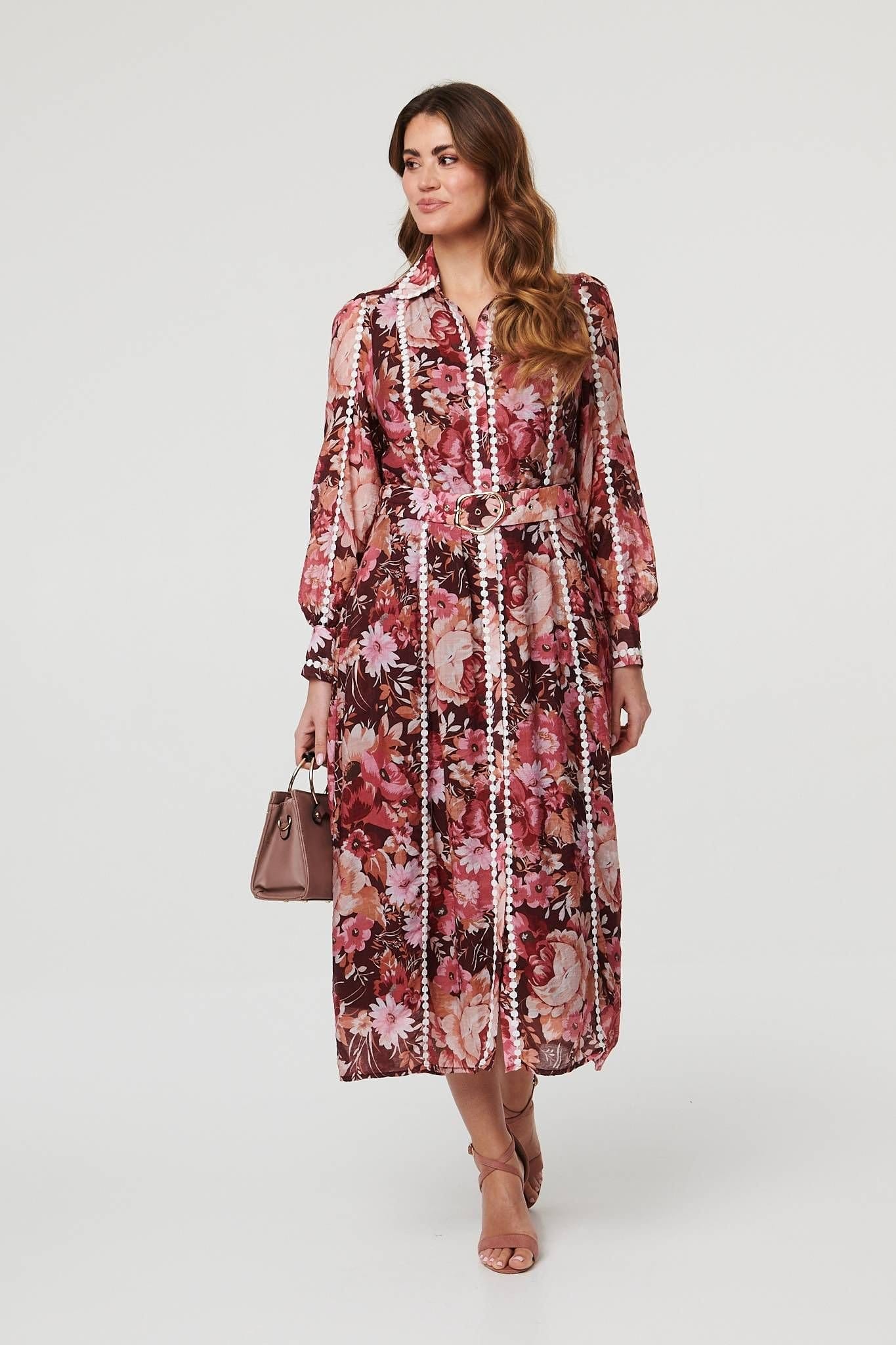 Izabel London Izabel London Women's Floral Lace Detail Long Sleeve Maxi Dress in Red - 4