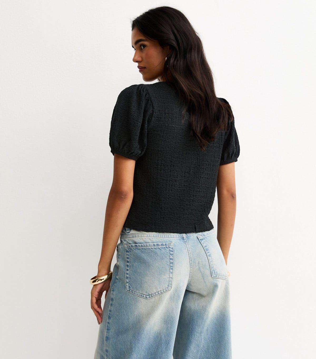 New Look Women's Black Textured Tie Front Puff Sleeve Top New Look - 4