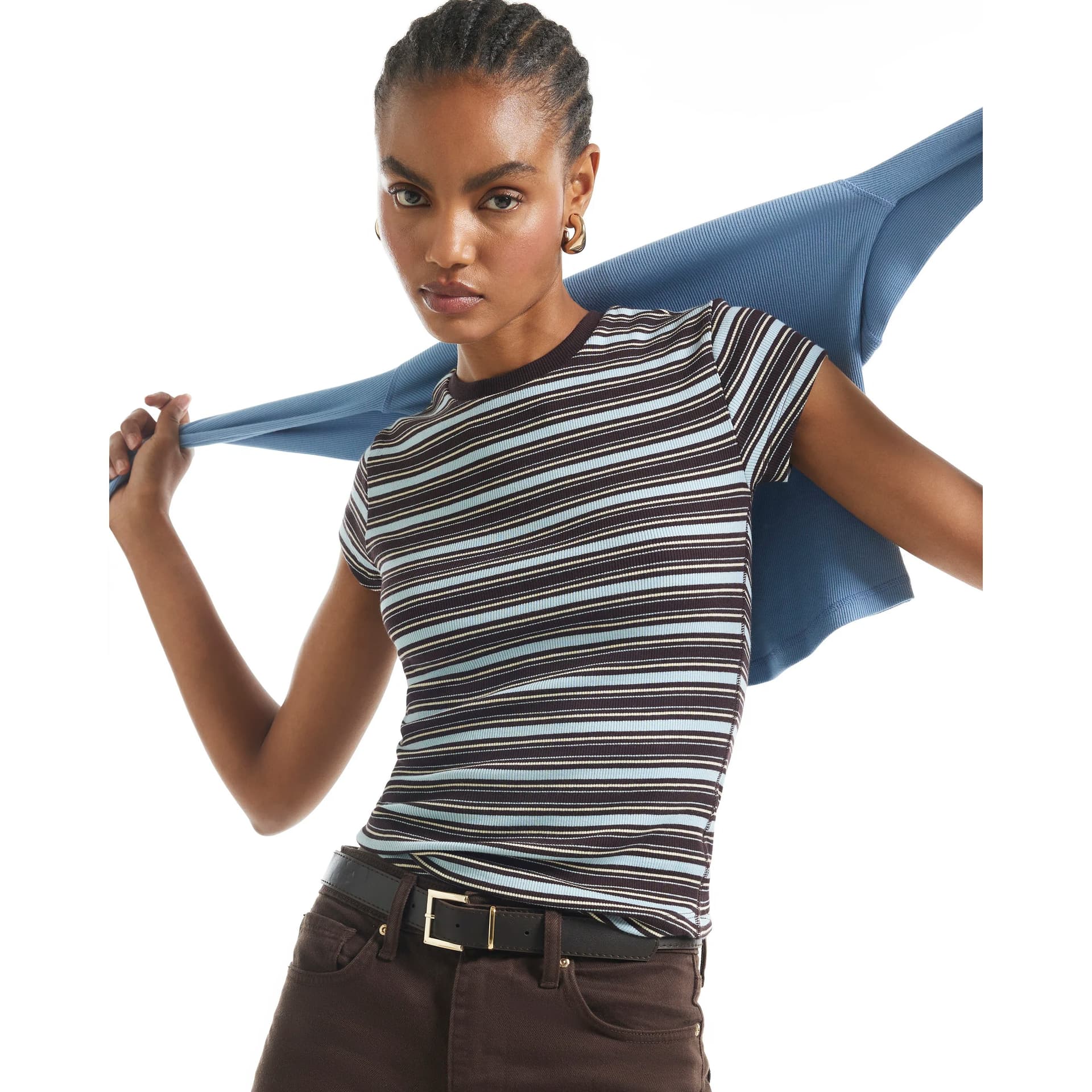 River Island River Island Womens Brown Stripe Fitted Rib Baby Tee T-Shirt