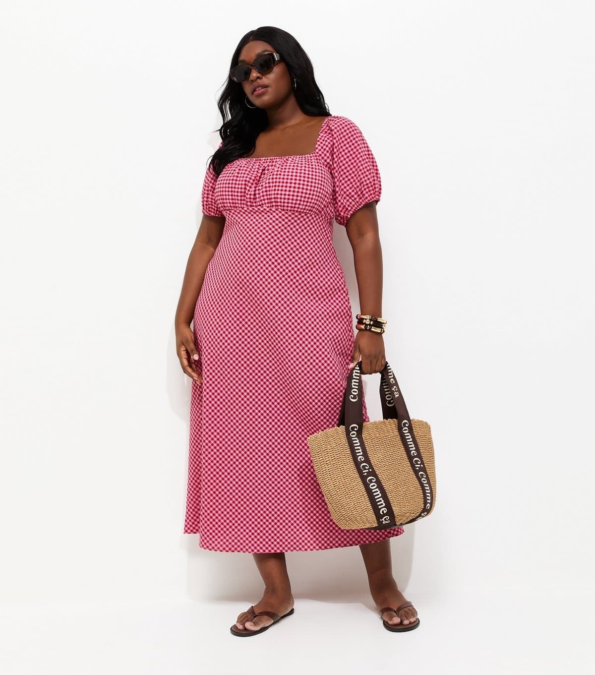 New Look Women's Plus Size Red Gingham Milkmaid Midi Dress Curves New Look