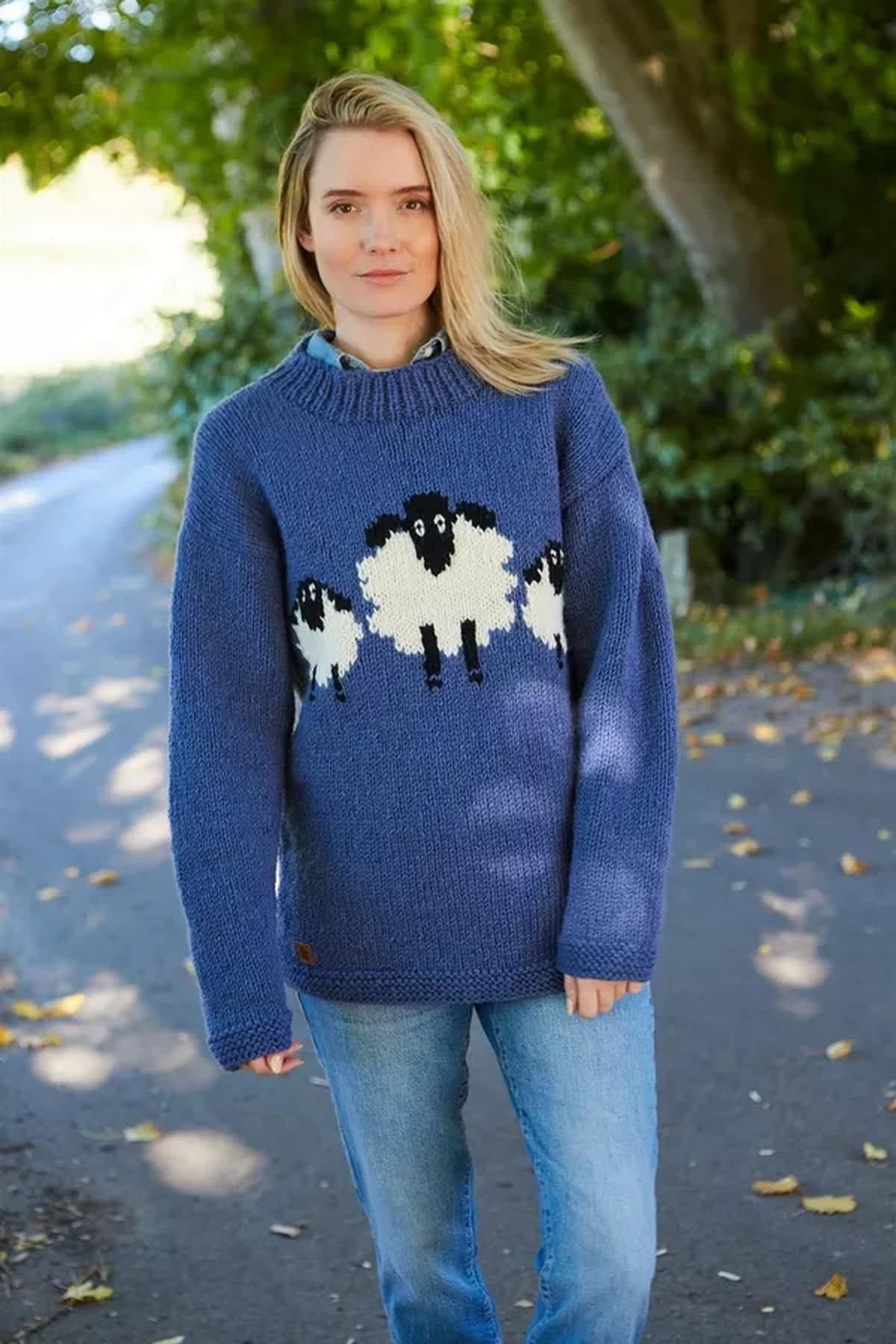 Pachamama Pachamama Women's Sheep Design All Wool Chunky Hand Knit Sweater in Blue
