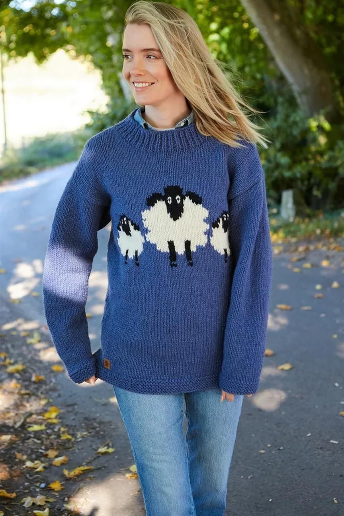 Pachamama Pachamama Women's Sheep Design All Wool Chunky Hand Knit Sweater in Blue - 3