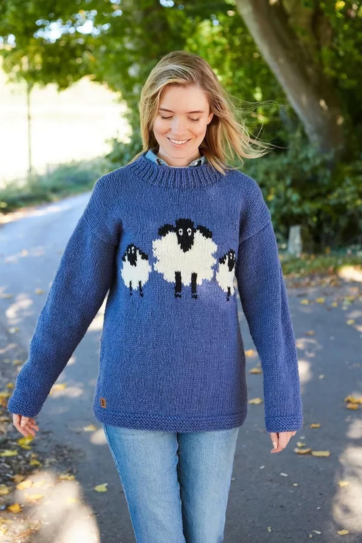 Pachamama Pachamama Women's Sheep Design All Wool Chunky Hand Knit Sweater in Blue - 4