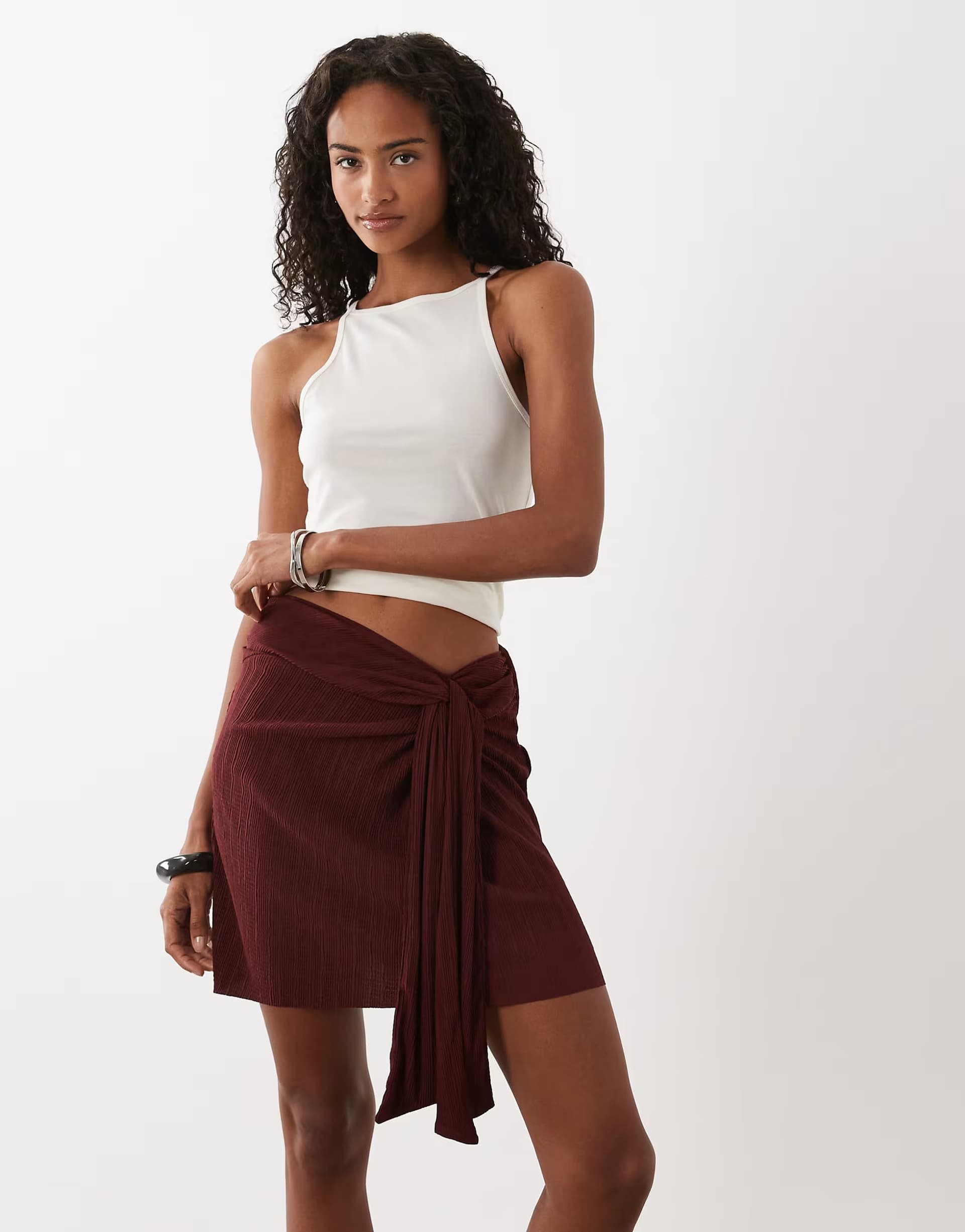 ASOS ASOS DESIGN plisse ruched drape detail mini sarong skirt in wine