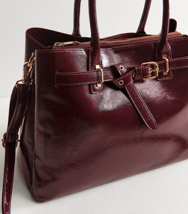 New Look Dark Burgundy Faux Leather Belted Tote Bag New Look - 3