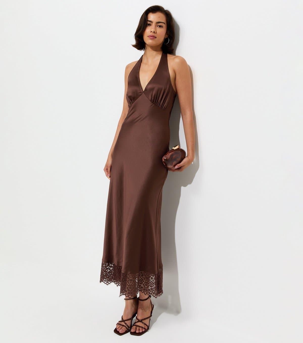 New Look Women's Dark Brown Satin Lace Trim Halteneck Midi Dress New Look