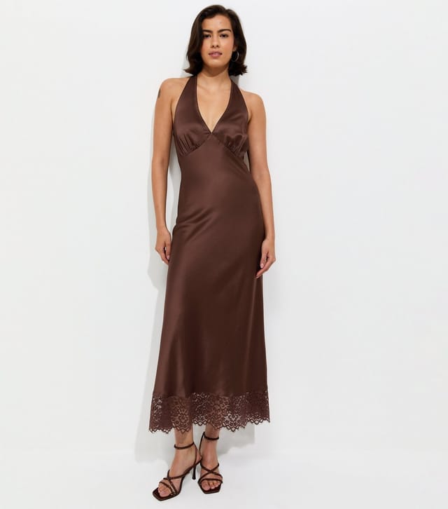 New Look Women's Dark Brown Satin Lace Trim Halteneck Midi Dress New Look - 2