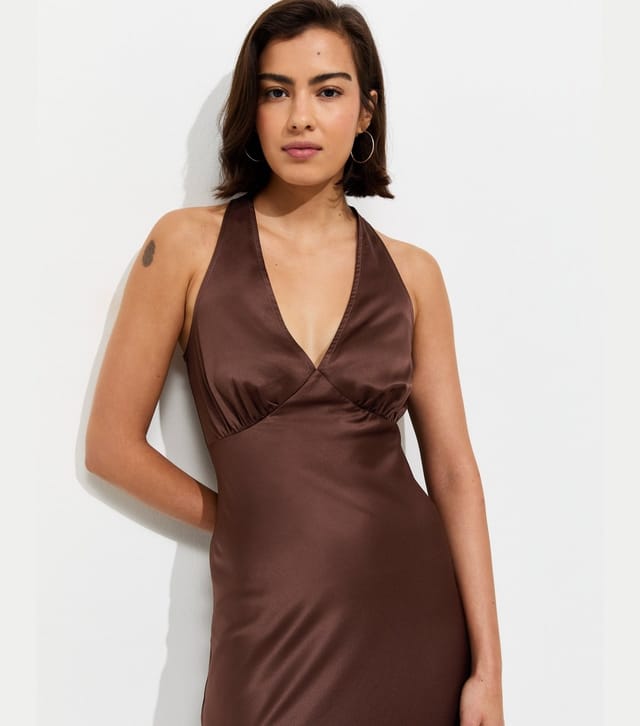 New Look Women's Dark Brown Satin Lace Trim Halteneck Midi Dress New Look - 3
