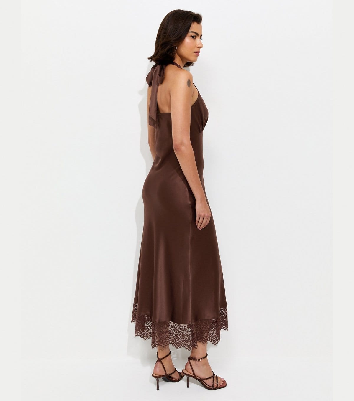 New Look Women's Dark Brown Satin Lace Trim Halteneck Midi Dress New Look - 4