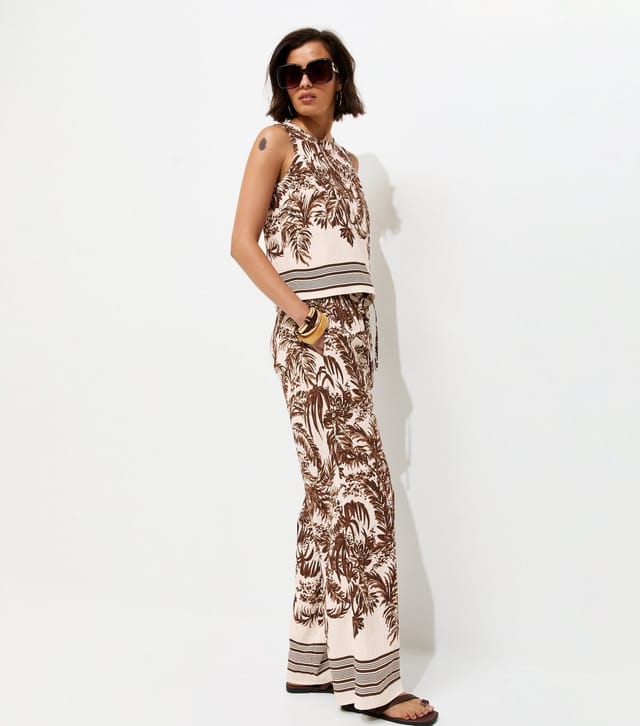 New Look Women's Brown Crinkle Texture Palm Border Print Shell Top New Look - 3