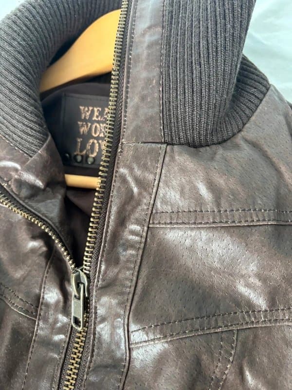 New Look New Look Vintage Real Leather Blend Biker Bomber Jacket Cuffed Coat Crop Tight