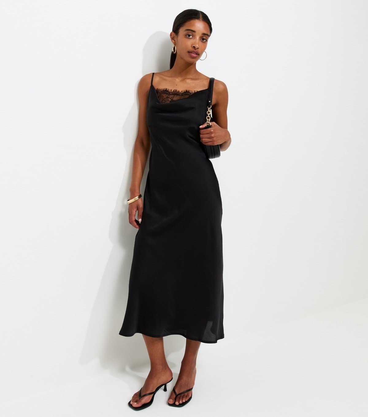 New Look Women's Black Satin Lace Cowl Neck Strappy Midi Dress New Look
