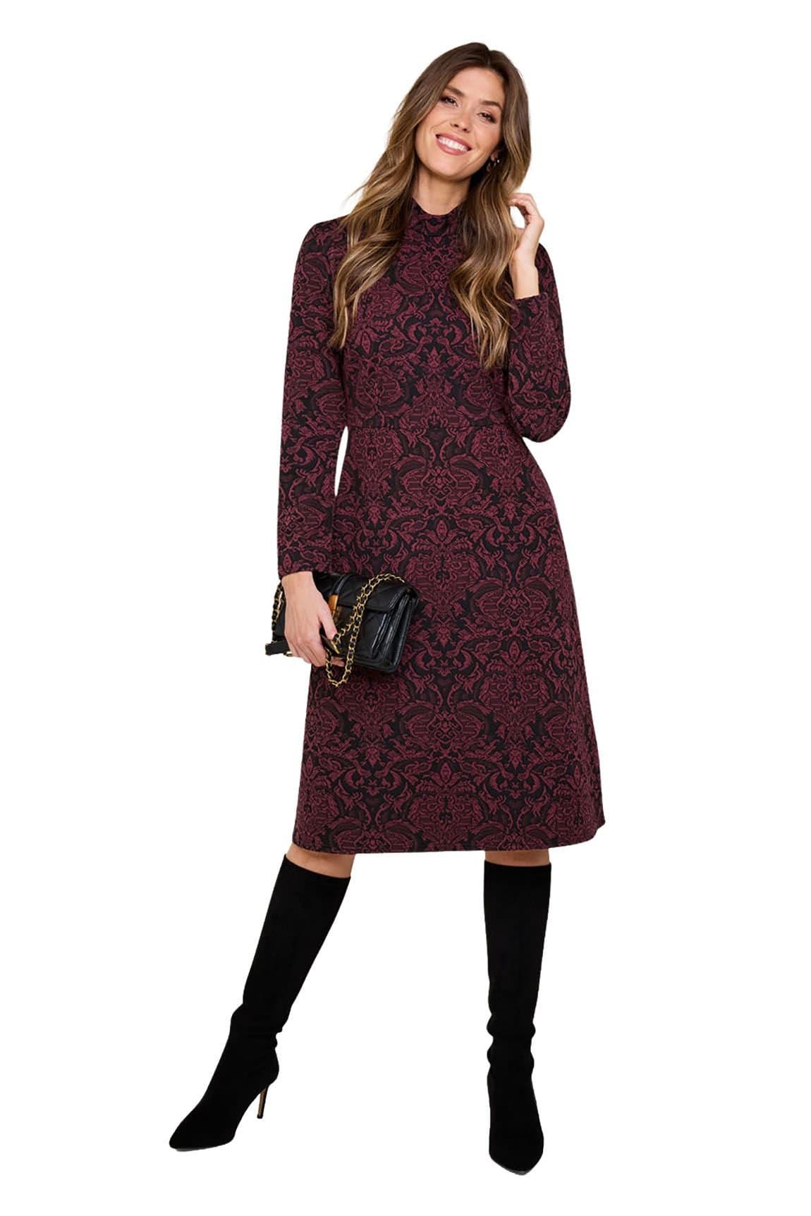 Amber Amber Women's Baroque Jacquard Midi Dress with High Neck in Dark Red