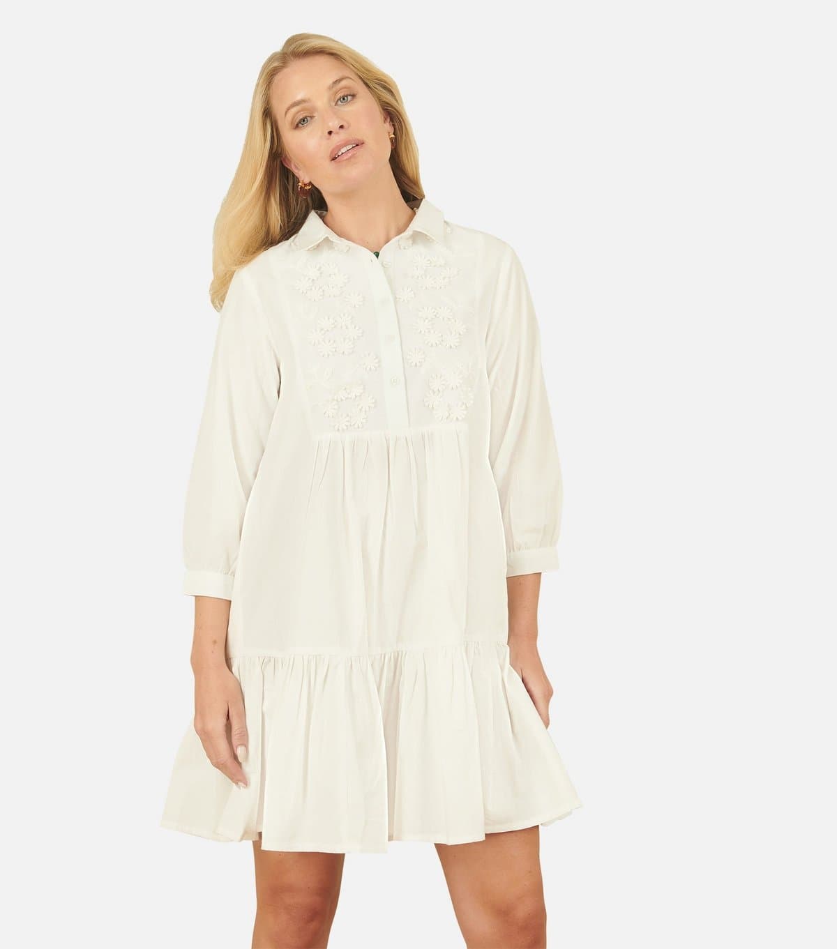 Yumi Women's Off White Tiered Tunic Shirt Dress Yumi New Look