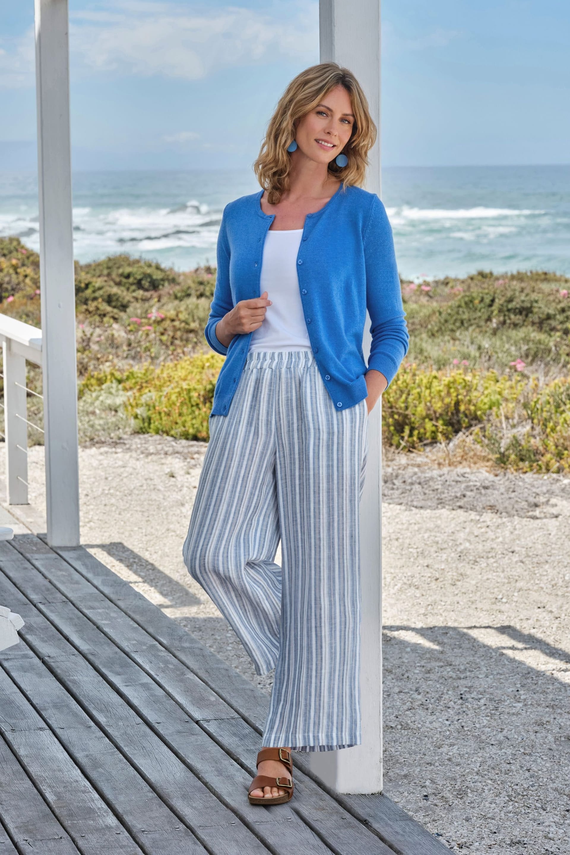 WoolOvers WoolOvers Women's Wide Leg Full Length Linen Trousers in Blue - 4