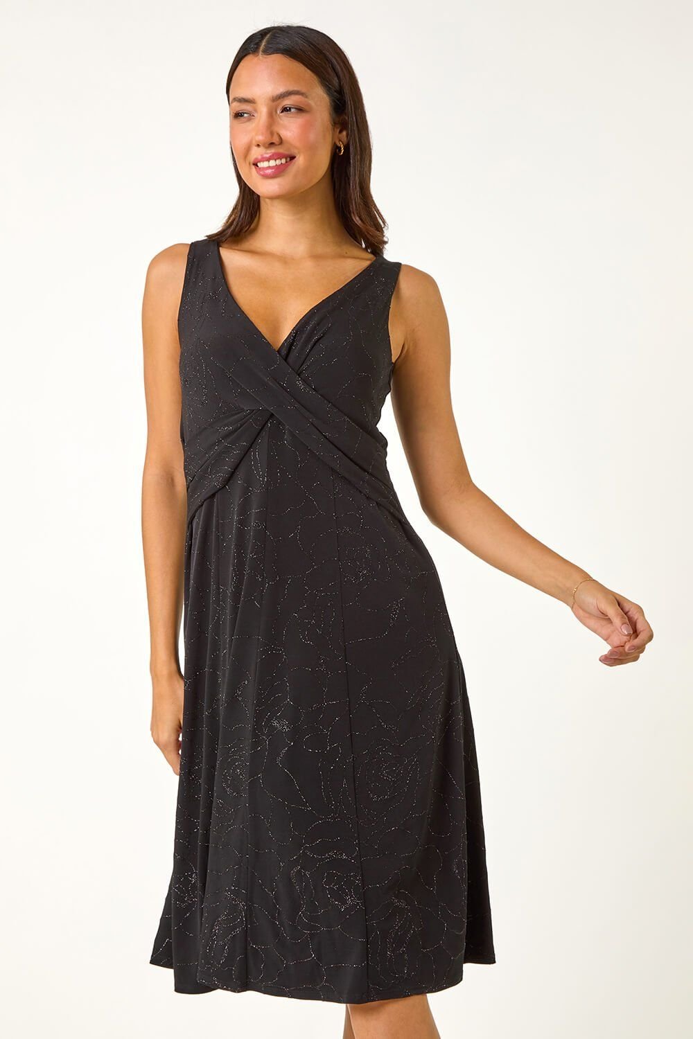 Roman Roman Women's Floral Glitter Print Midi Stretch Dress in Black - 2