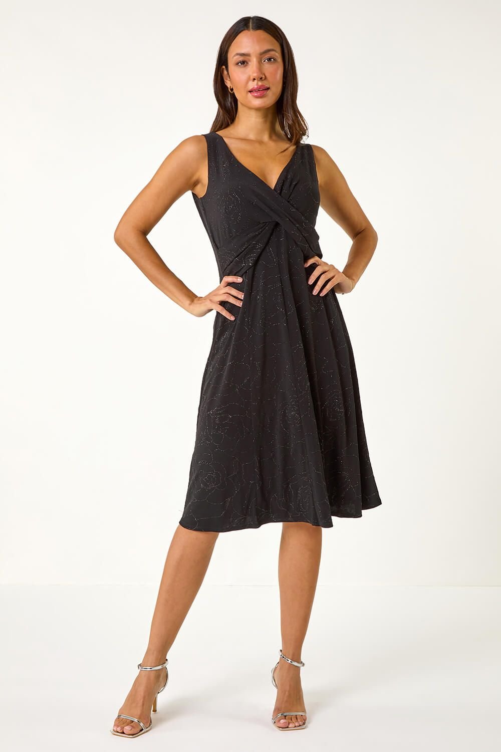 Roman Roman Women's Floral Glitter Print Midi Stretch Dress in Black - 3