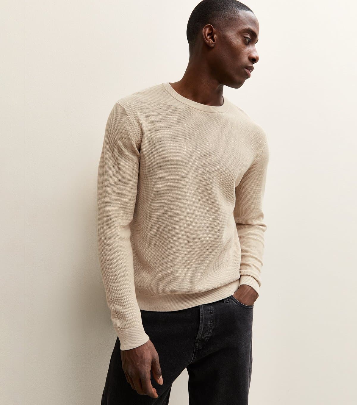 New Look Men's Stone Regular Textured Crew Neck Jumper New Look