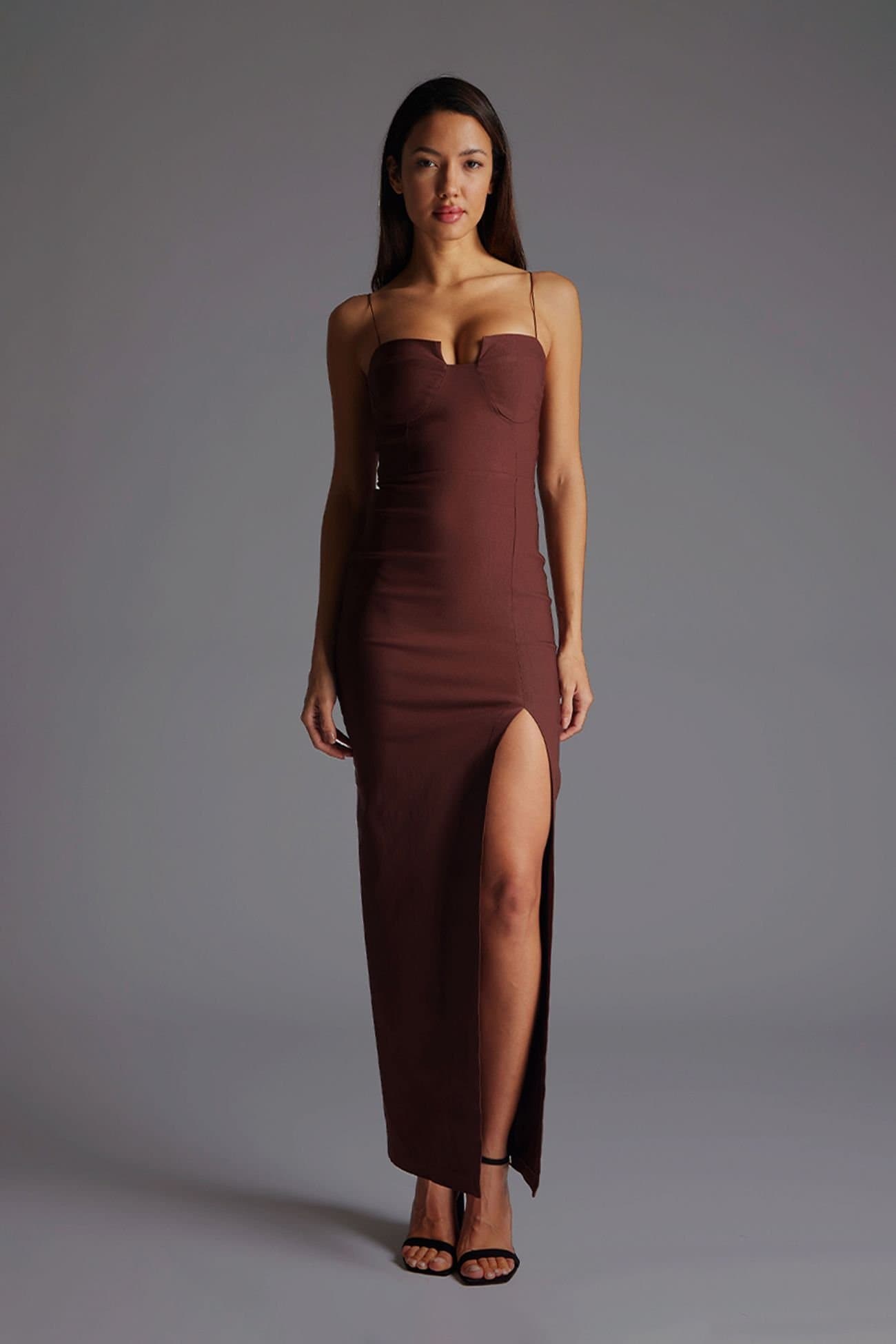 Vesper Vesper Women's Cami Strap Cup Detail Maxi Dress in Chocolate