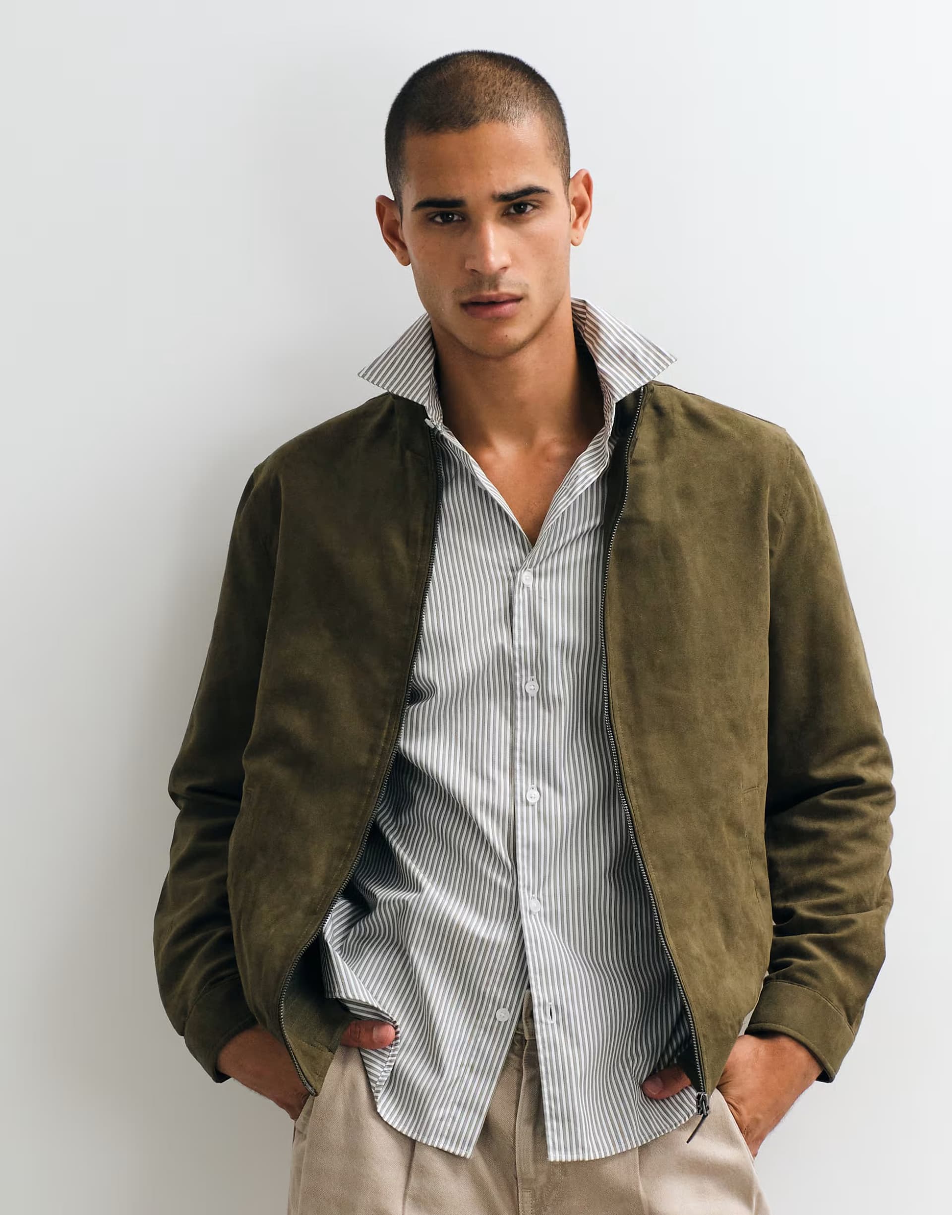 ASOS Mango faux suede high neck jacket in khaki
