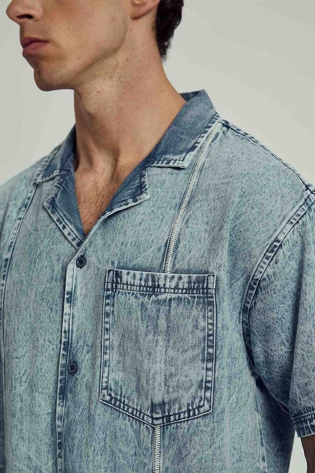 Native Youth Native Youth Men's Cotton Short Sleeve Washed Denim Boxy Shirt in Blue - 2