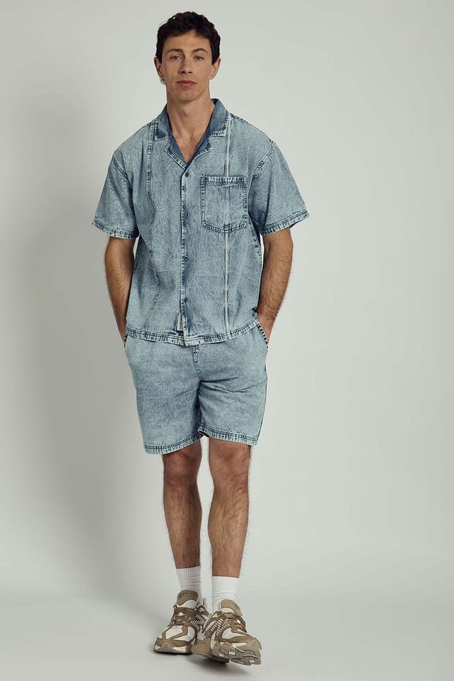 Native Youth Native Youth Men's Cotton Short Sleeve Washed Denim Boxy Shirt in Blue - 3