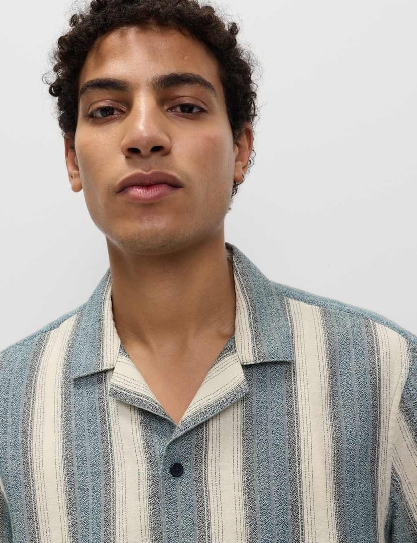Marks & Spencer M&S Pure Cotton Striped Short Sleeve Shirt Navy Mix - 1