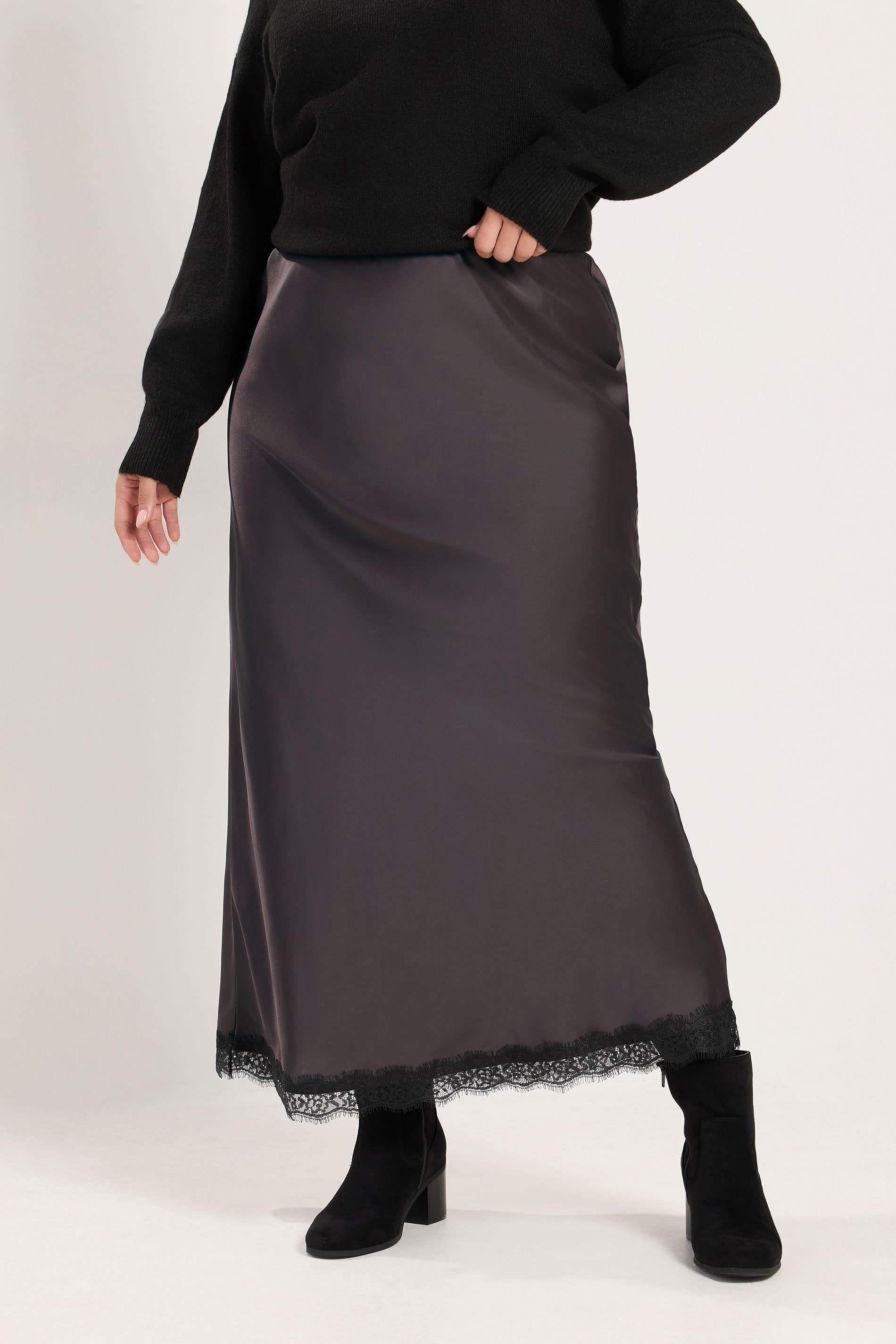 Yours Plus Size Chocolate Brown Satin Lace Hem Skirt