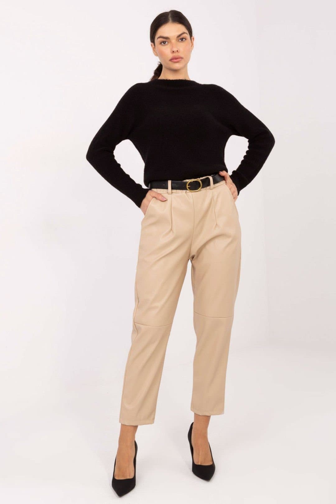 Love Lace Love Lace Beige Faux Leather Tapered Pants with Elastic Waist