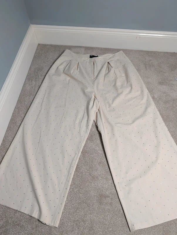 ASOS Curve ASOS Luxe Curve Cream Beige Embellished Summer Night Out Wide Leg Trousers UK 20