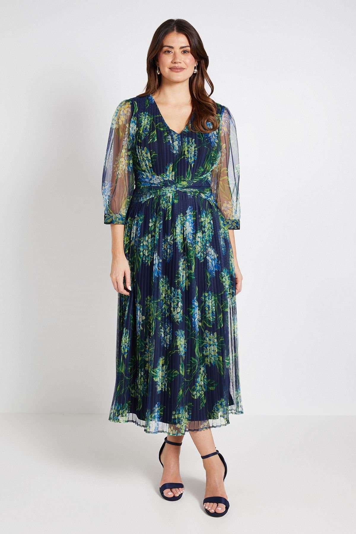 Wallis Wallis Women's Mesh Pleated Twist Waist Midi Dress in Navy