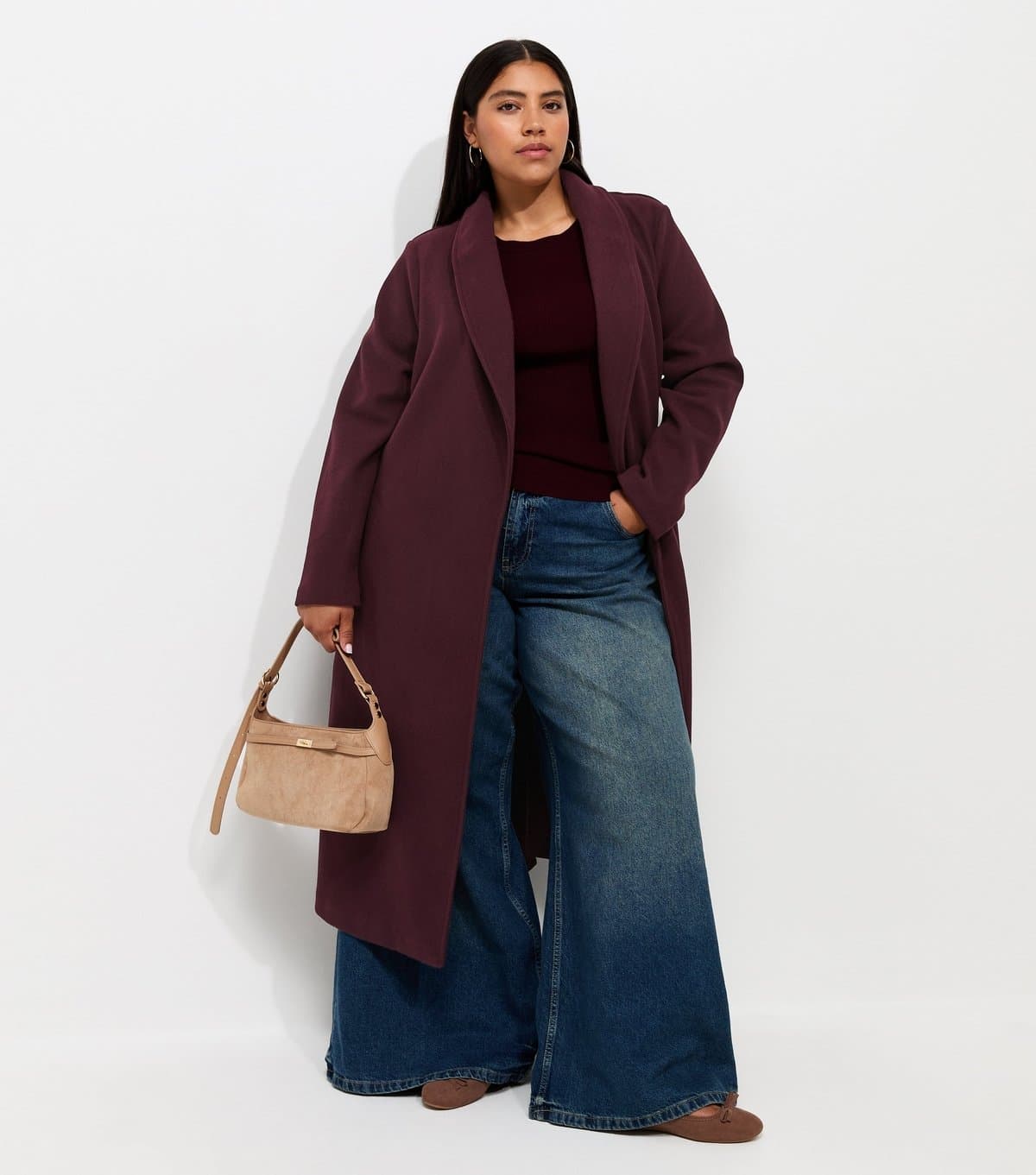 New Look Women's Plus Size Dark Burgundy Shawl Lapel Midi Coat Curves New Look