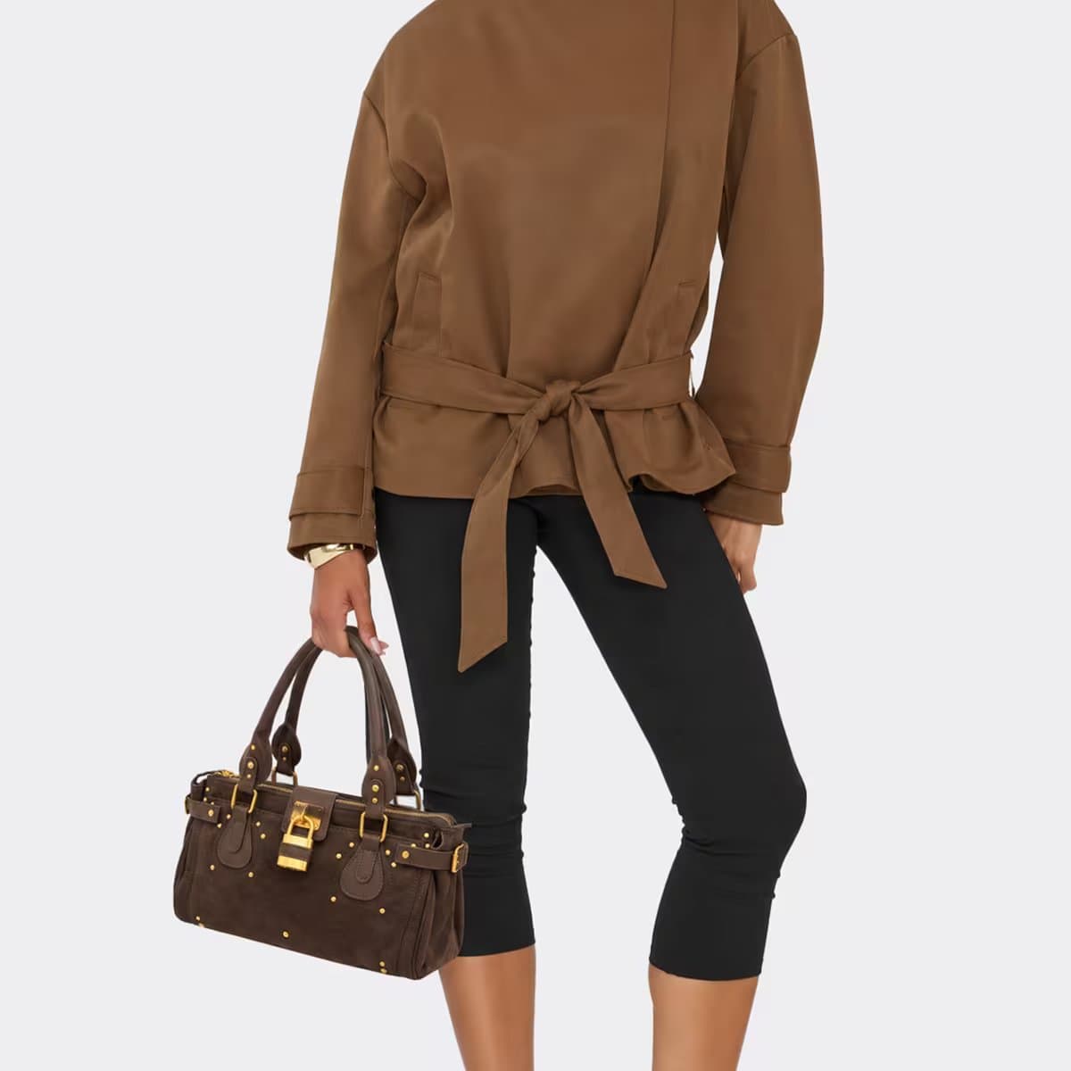 EGO Store Studded Lock Detail Shaped Grab Bag In Brown Faux Suede, Women's Size UK 0