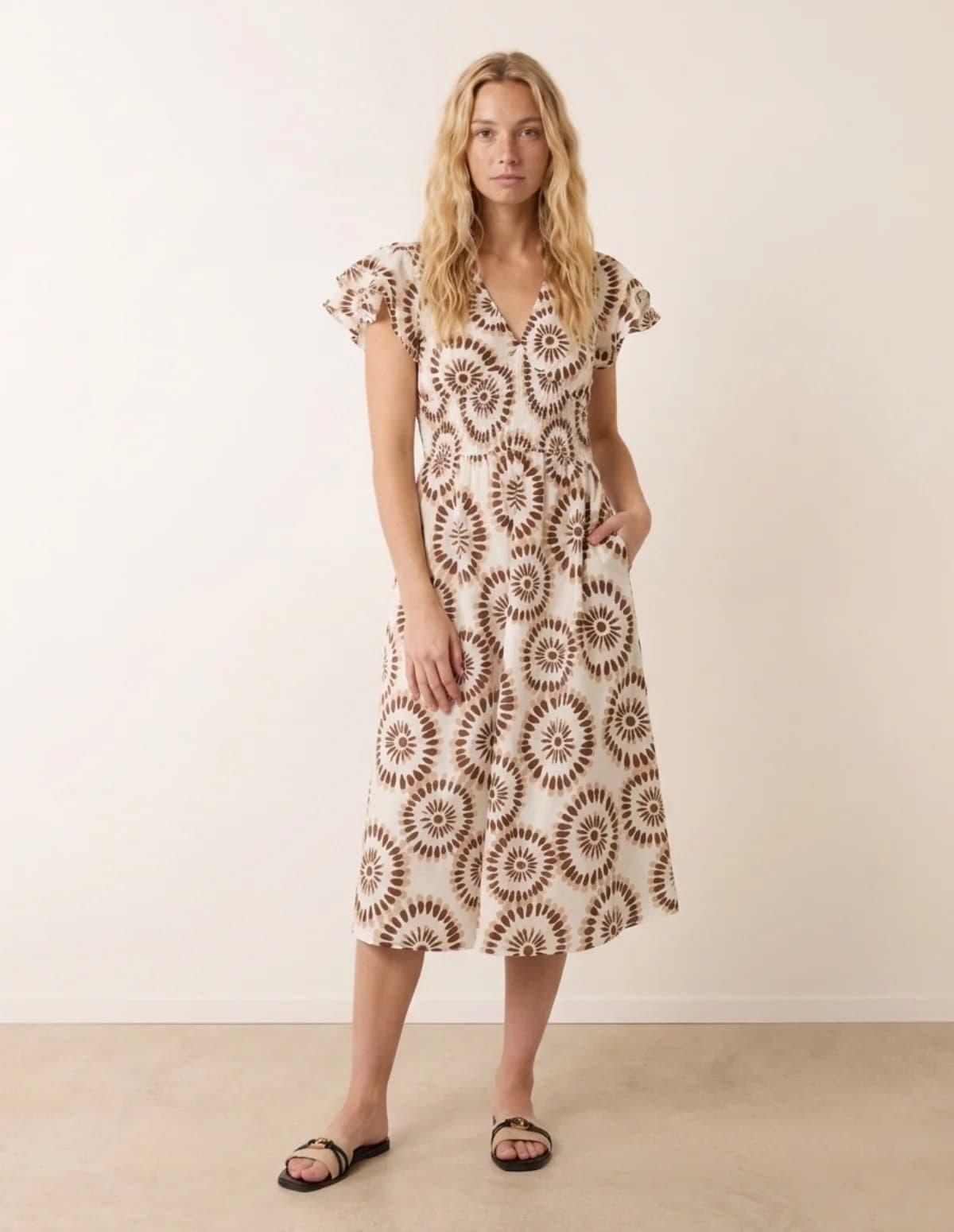 Blue Vanilla V Neck Frill Sleeve Printed Midi Dress