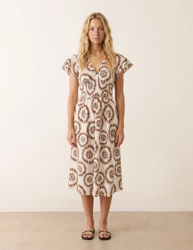 Blue Vanilla V Neck Frill Sleeve Printed Midi Dress - 3