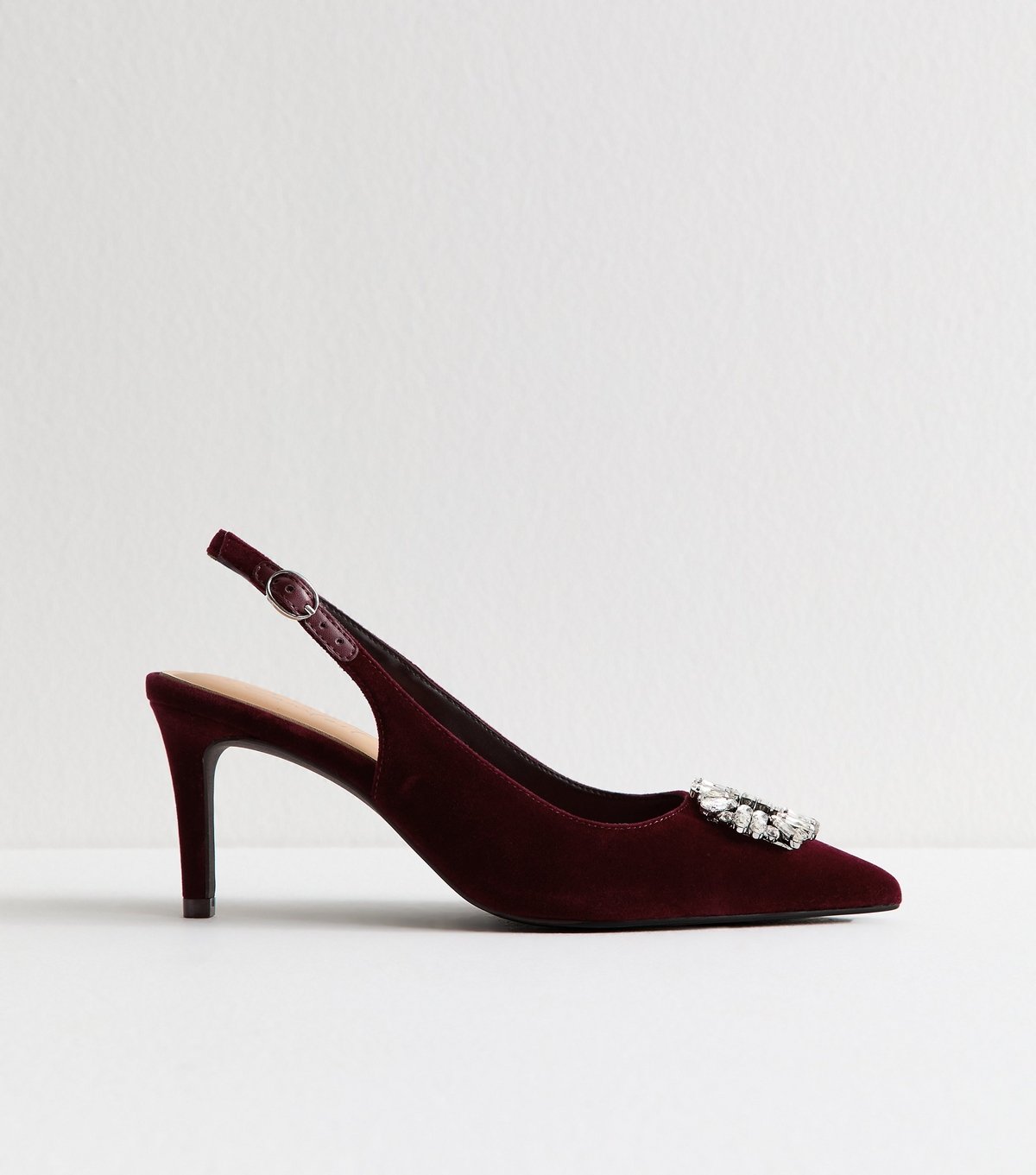 New Look Women's Burgundy Velvet Slingback Diamante Court Shoes Vegan New Look - 2