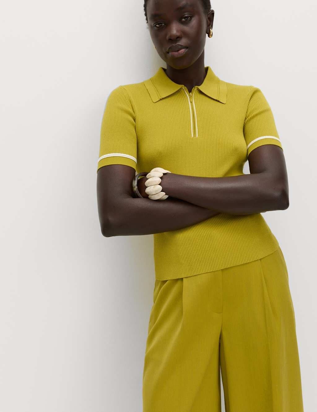 Marks & Spencer M&S Collared Half Zip Knitted Top in Moss