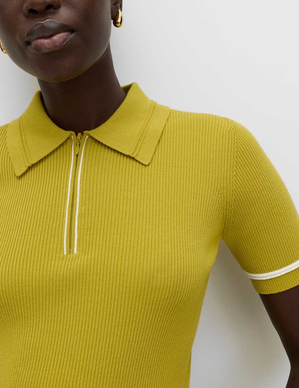 Marks & Spencer M&S Collared Half Zip Fitted Knitted Top Moss - 2