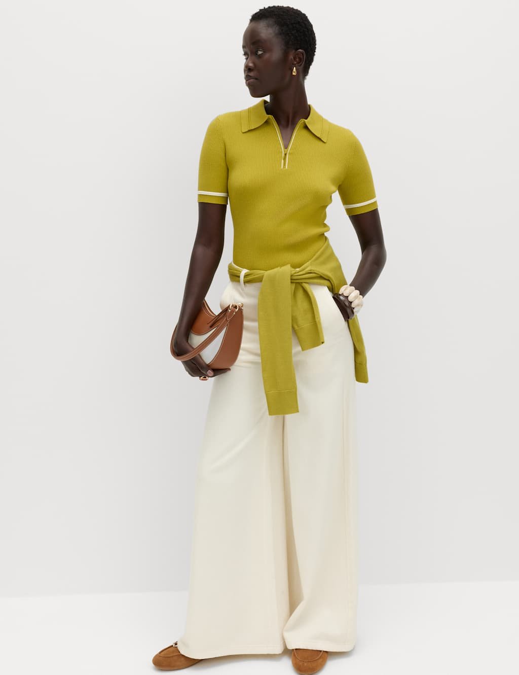 Marks & Spencer M&S Collared Half Zip Fitted Knitted Top Moss - 4